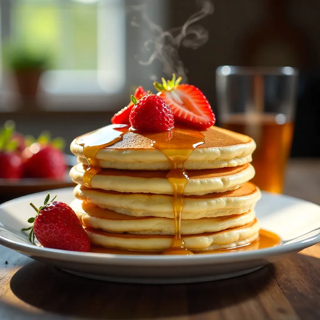 Golden Pancake Stack with Strawberries and Honey Drizzle
