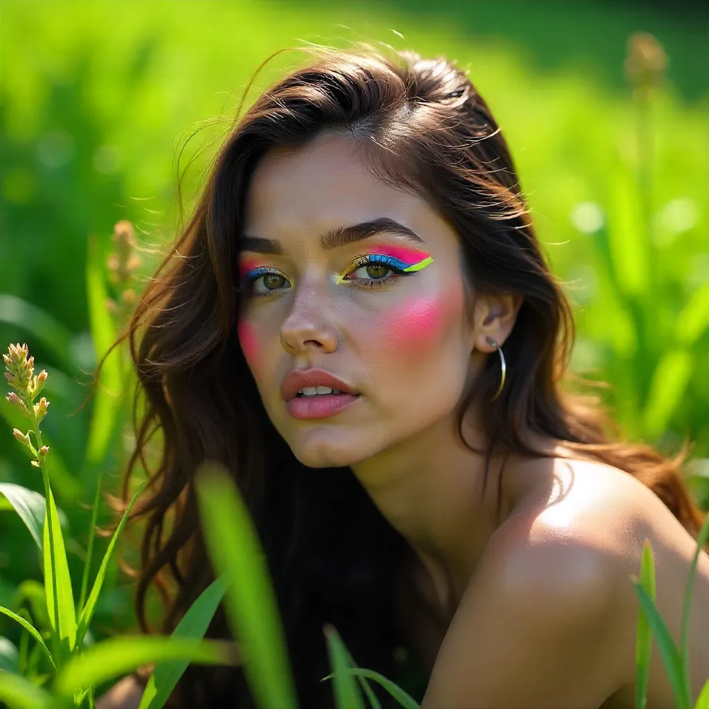 Young Woman in Grass with Vibrant Makeup and Light Shadows