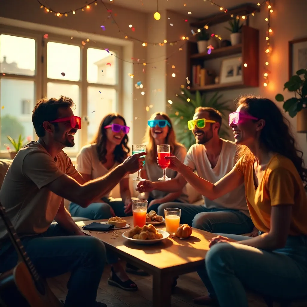 Vibrant Indoor Party: Friends in Colorful Glasses Celebrating