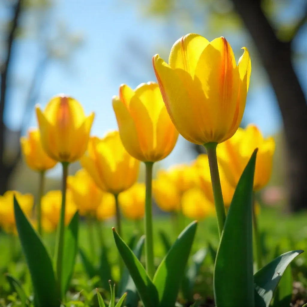 Sunlit Yellow Tulips from a Low-Angle View
