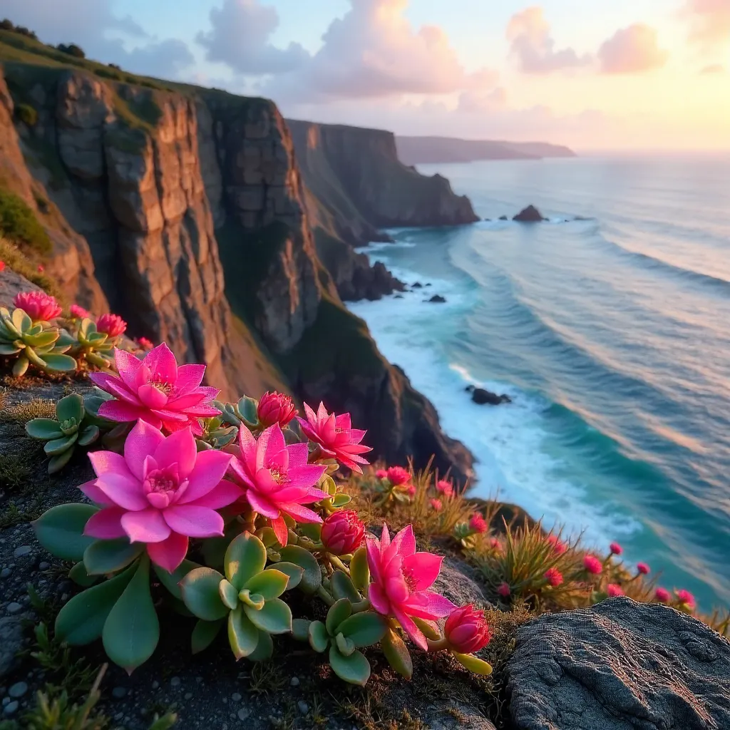 Pink Ice Plants Bloom on Cliffside Cliffs