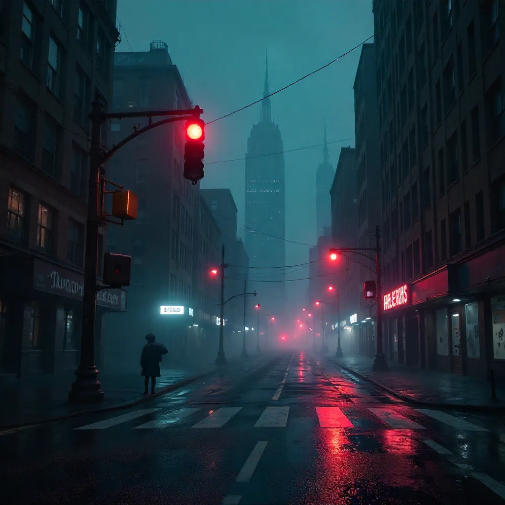 Eerie City Nightscape with Red Traffic Lights