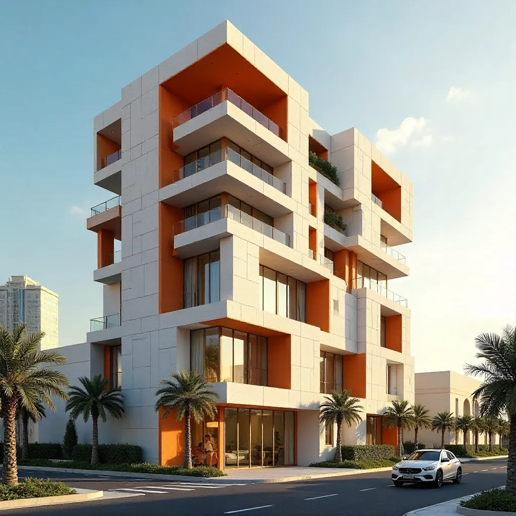 Geometric Dubai Facade with Orange Accents