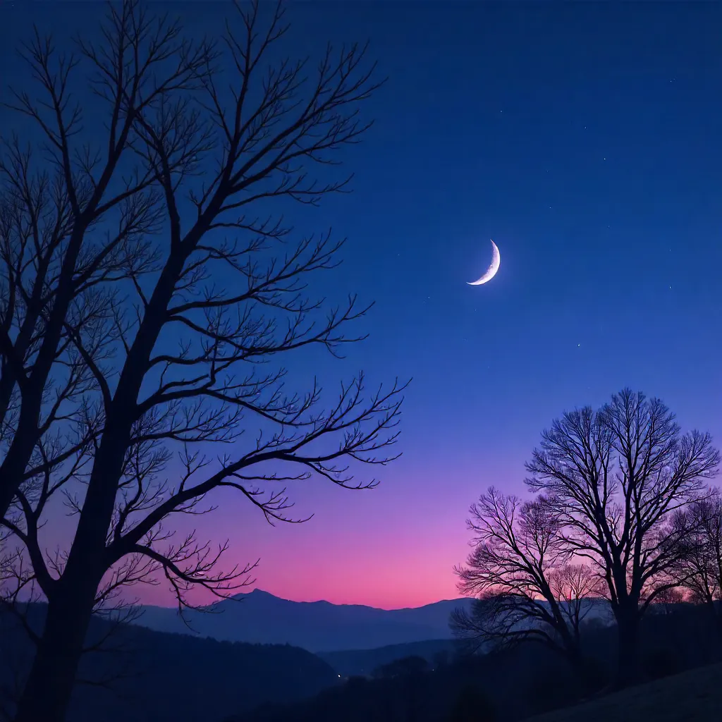 Twilight Crescent over Silhouetted Branches