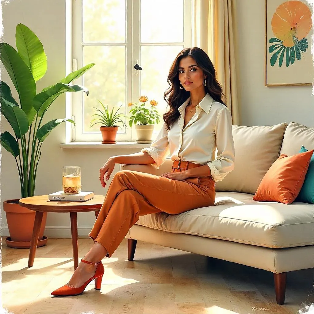 Watercolor Style: Stylish Latina in a Living Room
