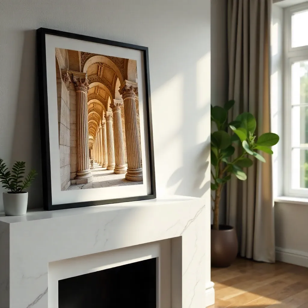 Framed Architecture on a Modern Mantelpiece