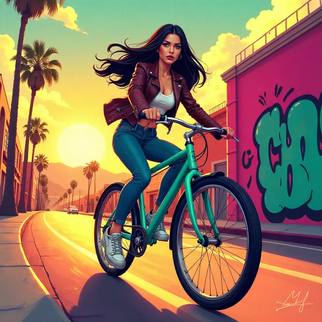 Anime Latina Woman Cycling Through Neon City Streets