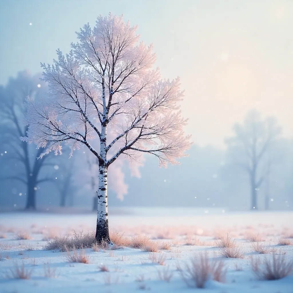 Dreamy Lone Birch in a Blurred Winter Scene