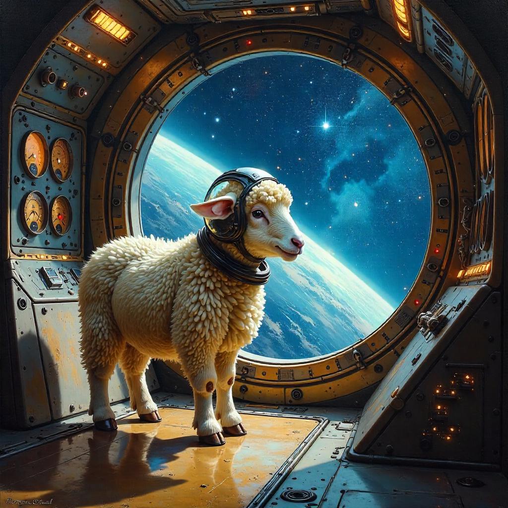 Interstellar Sheep: An Oil Painting in a Spaceship