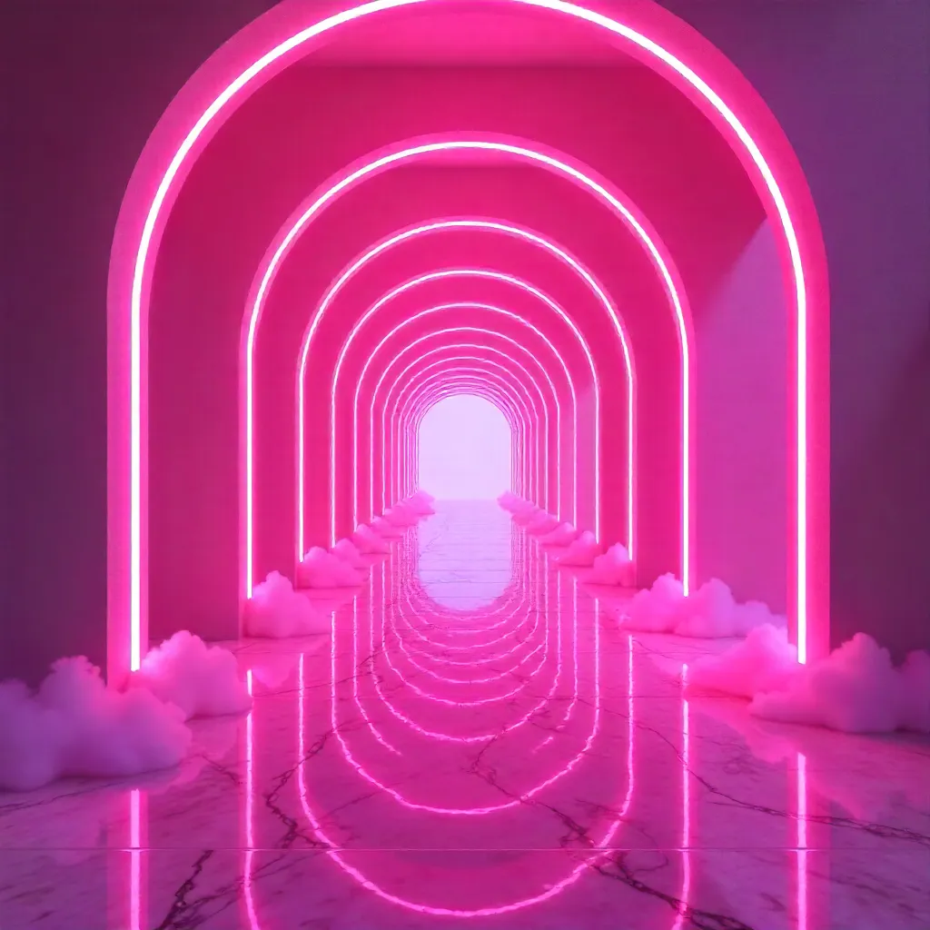 Neon Pink Corridor: Archways and Dreamlike Light