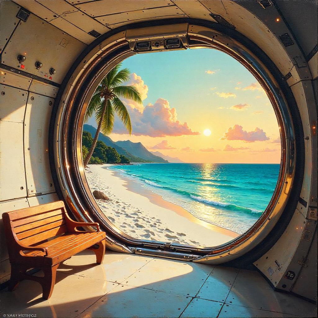 Oil Painting: Beach View Through a Starship Window