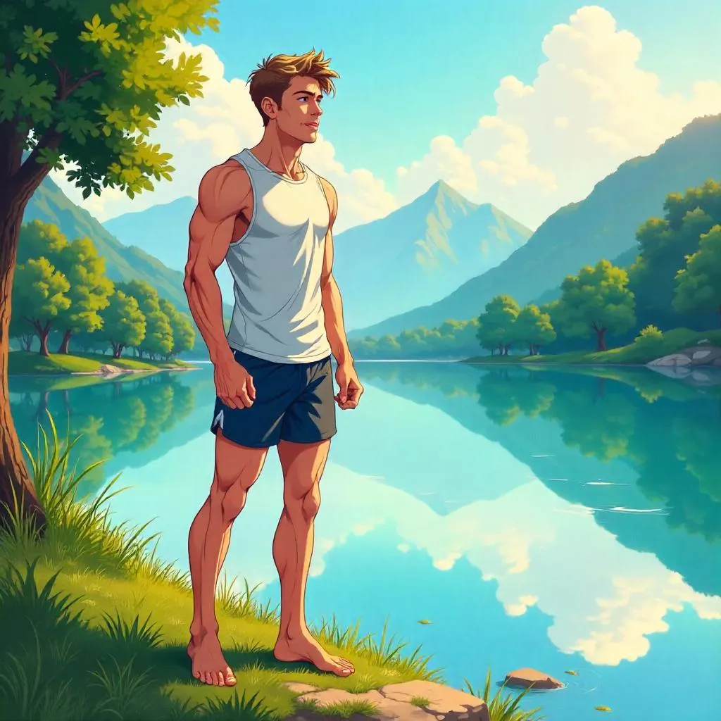 Athletic White Man by a Lake — Anime Style