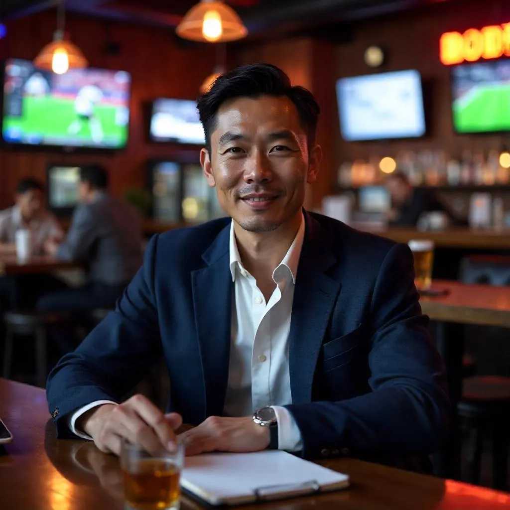Photorealistic Asian Professional in a Sports Bar