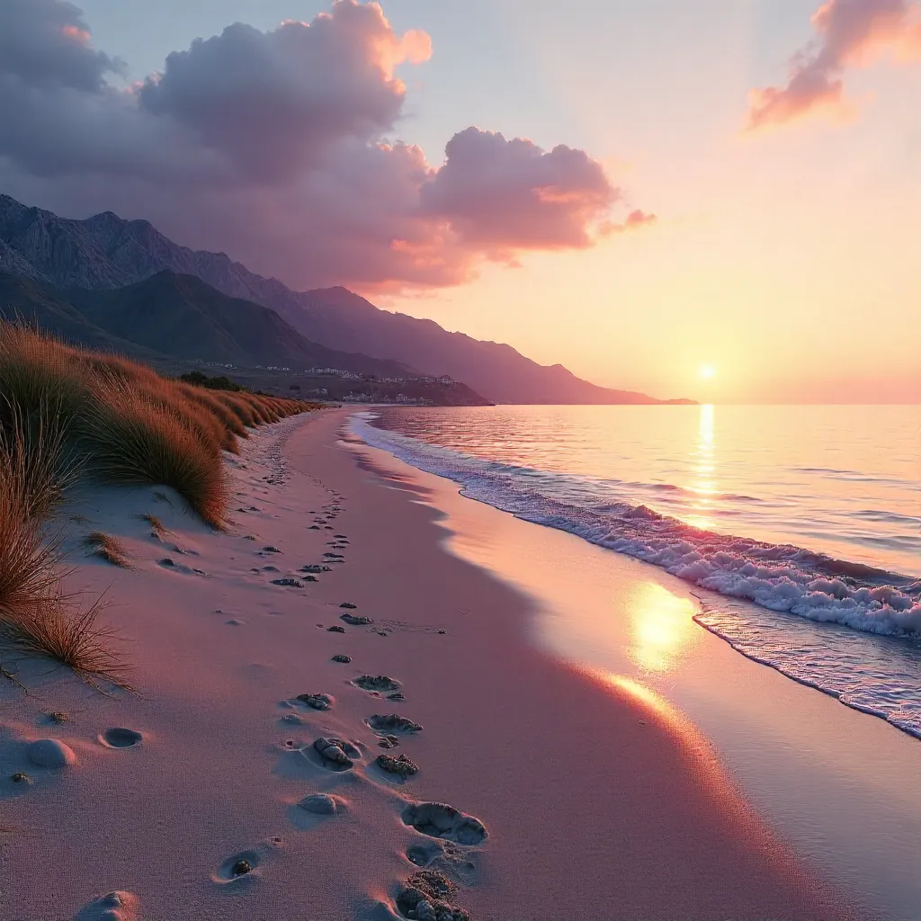 Evening Calm: Beach with Mountain Backdrop