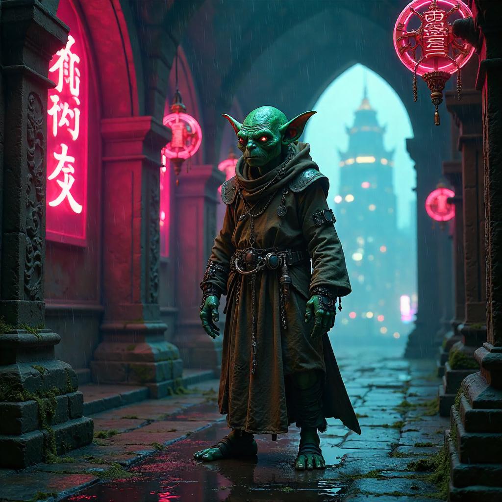 Goblin Monk in a Neon Cyberpunk Monastery