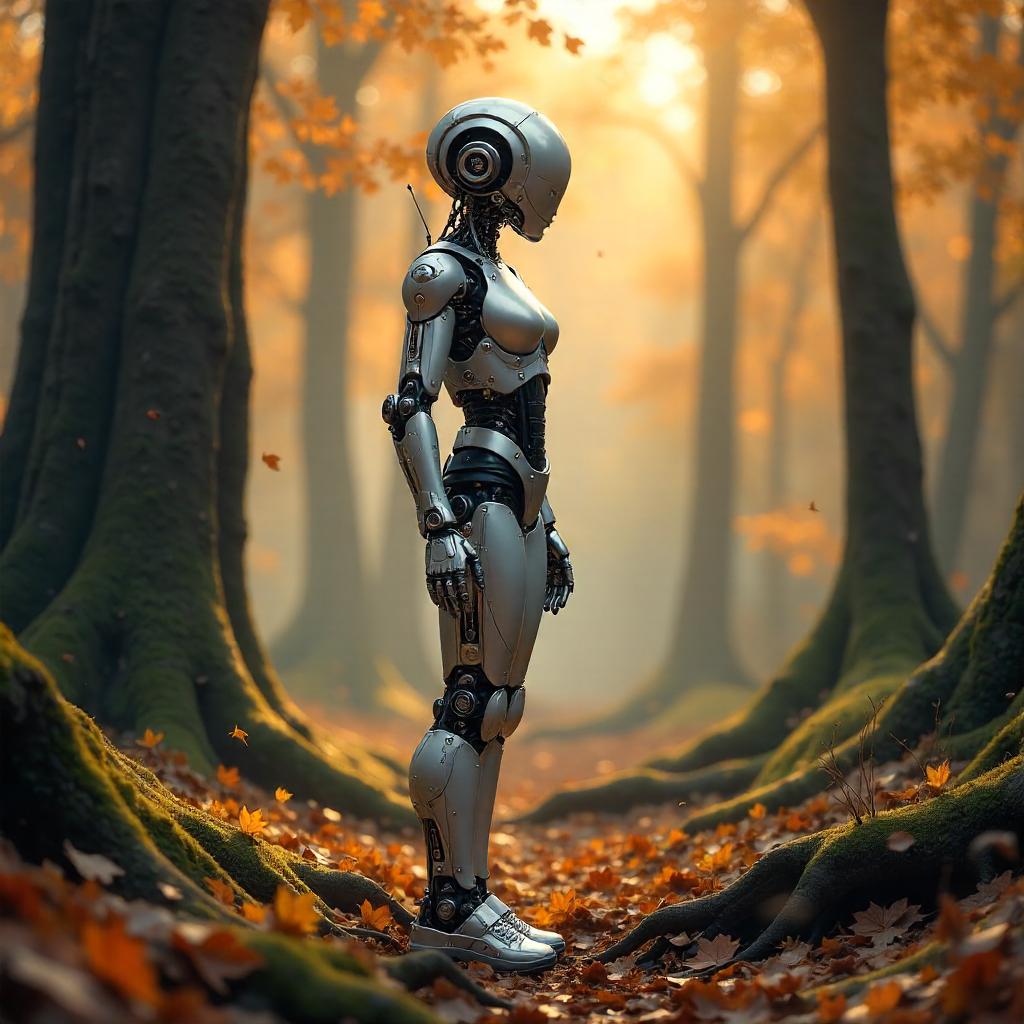 Cyborg in an Autumn Forest: Photorealistic Encounter