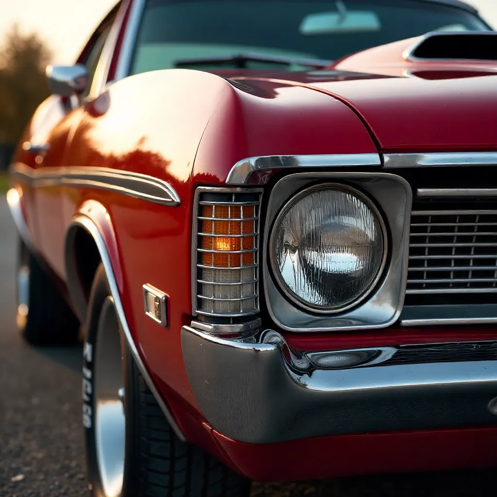 Chrome Details on a Red Vintage Muscle Car