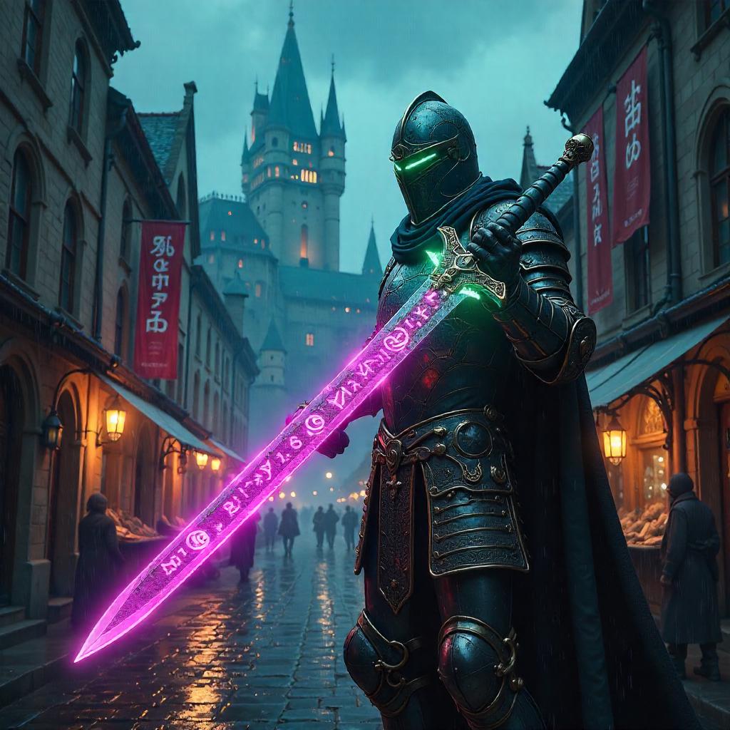 Enchanted Cyber-Sword in Medieval Night
