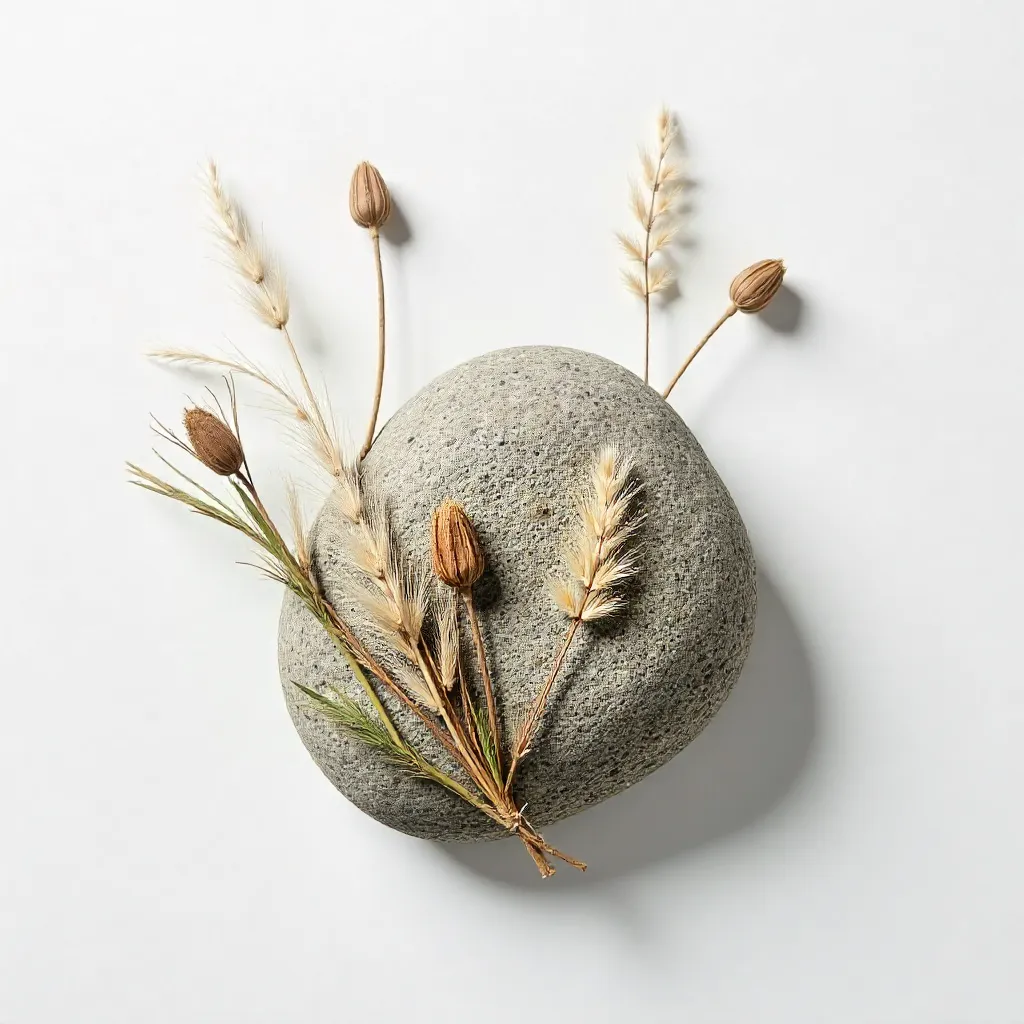 Minimalist Flat Lay: Rock with Dried Plants on White