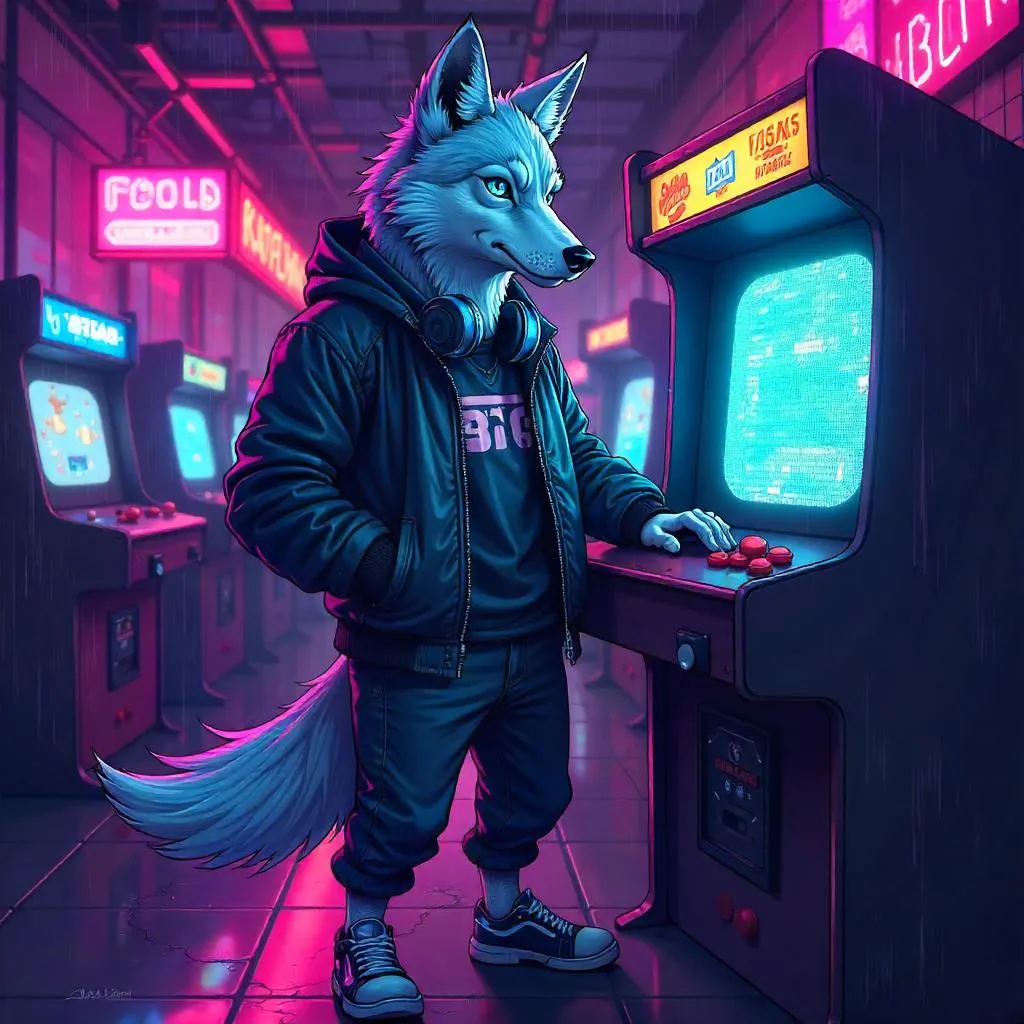 Neon Arcade Wolf in Anime Style
