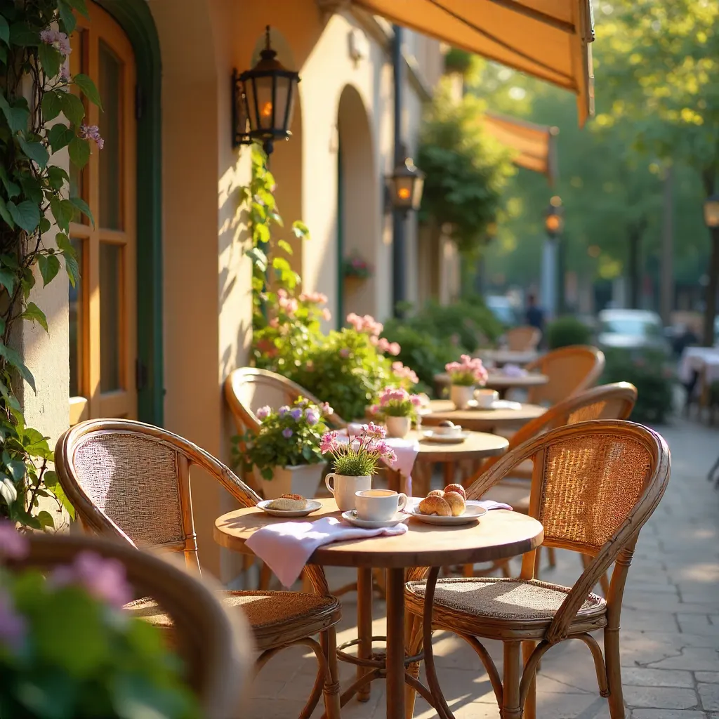 Warm Outdoor Café: Wicker Chairs & Florals