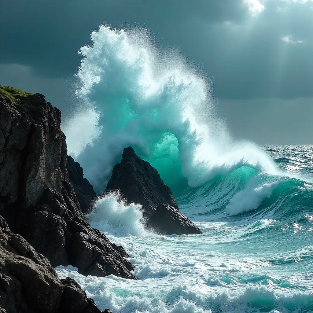 Turquoise Waves Clash with Jagged Rocks