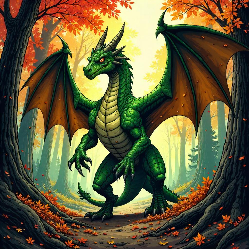 Wyvern in Autumn Forest: Comic Book Clash