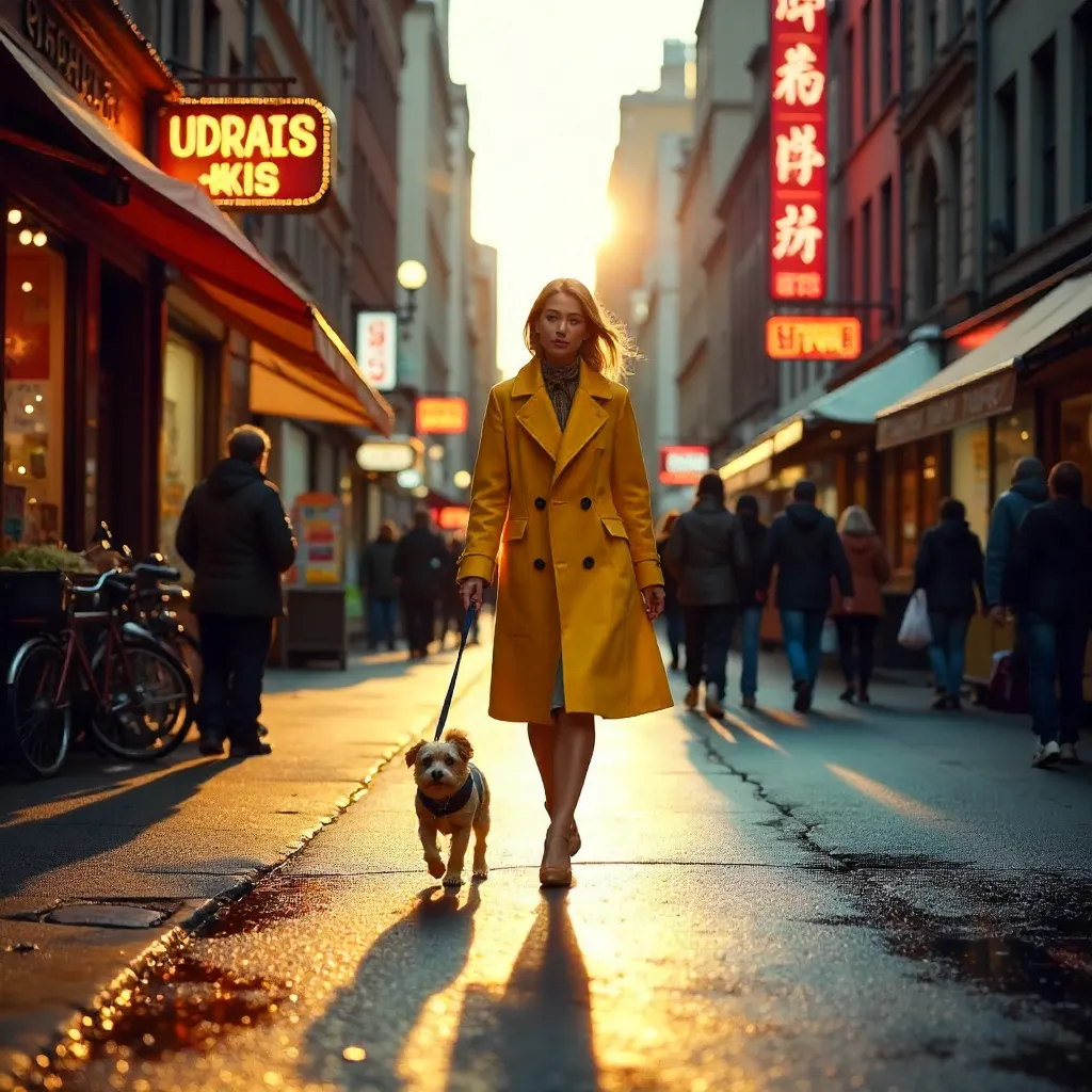 Yellow-Coated Woman Walks Her Dog Through a Colorful City Street