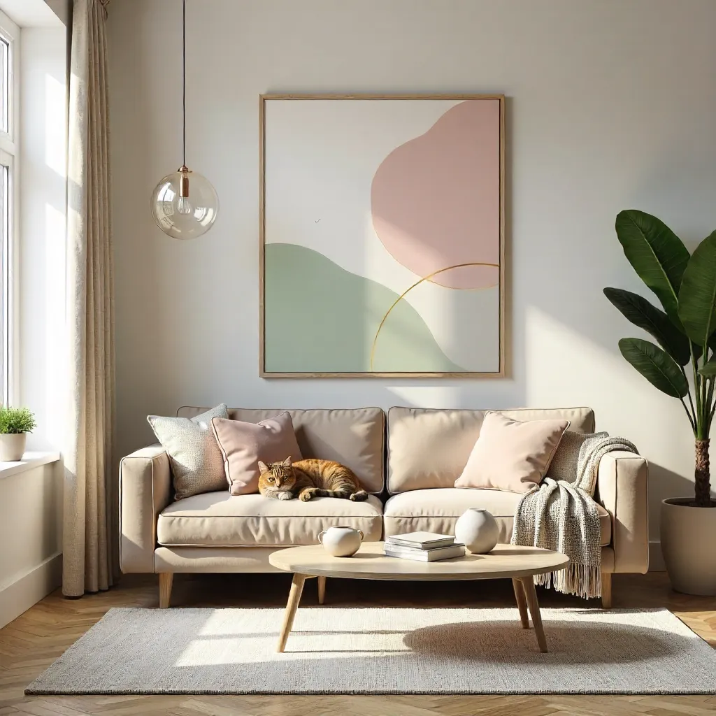 Serene Chic Living Room with Cat and Abstract Wall Art