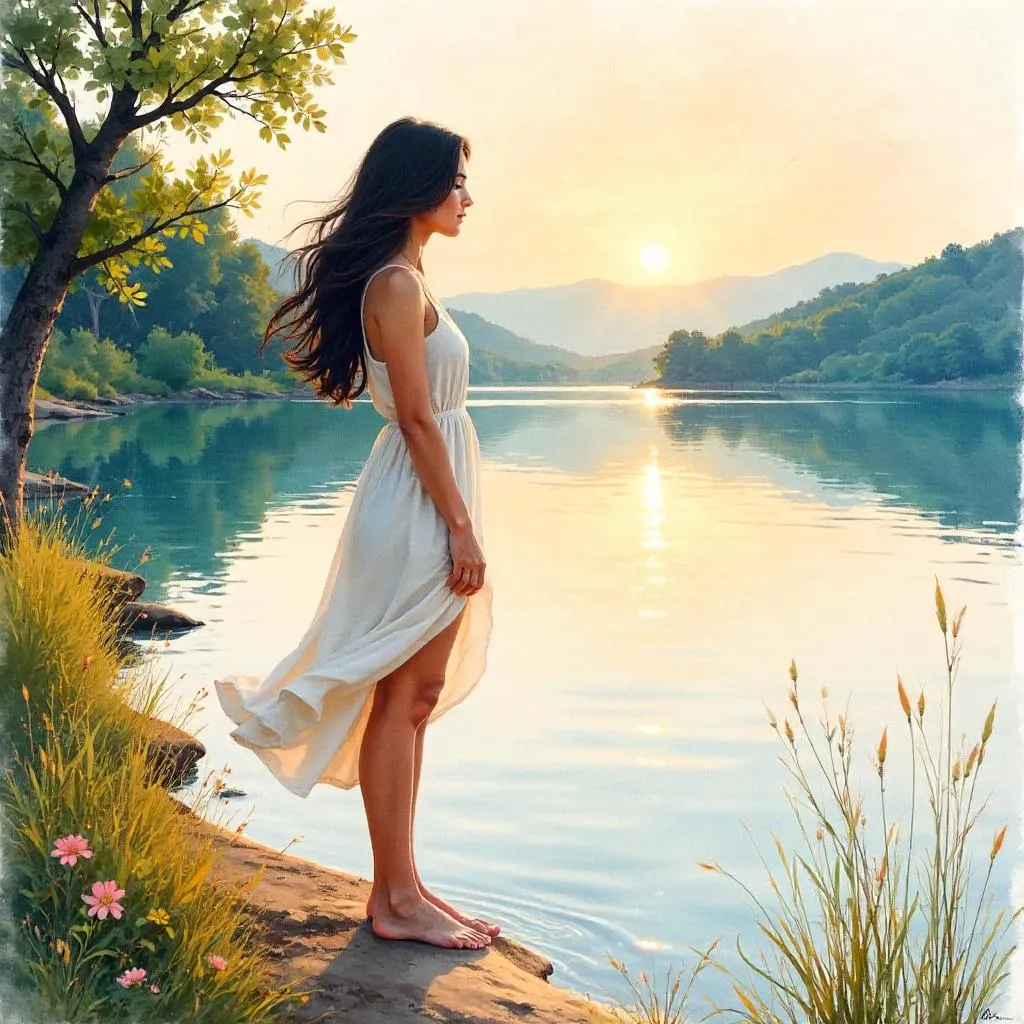Watercolor Scene: A Young Latina by the Lake