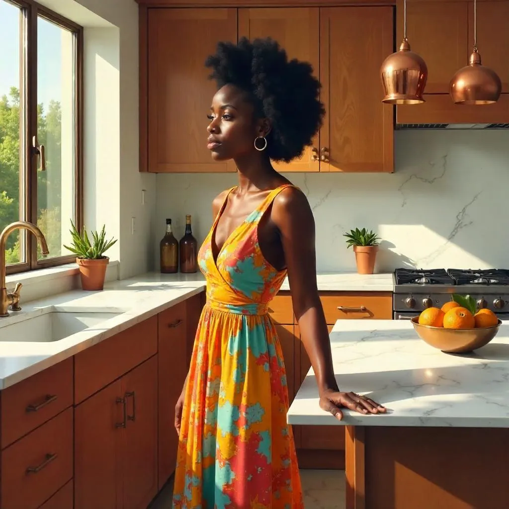 Oil Portrait: Stylish Black Girl in a Kitchen