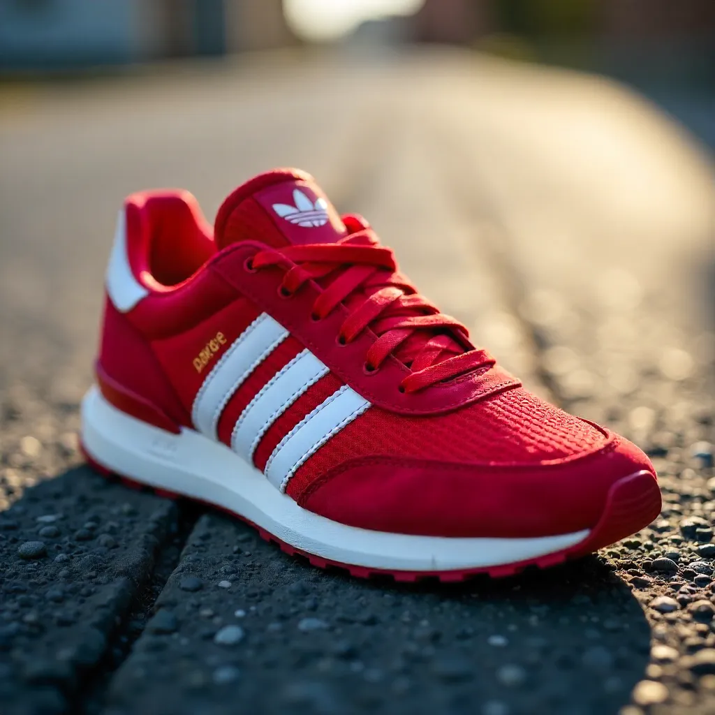 Sunlit Close-Up: Red Sneaker with White Stripes