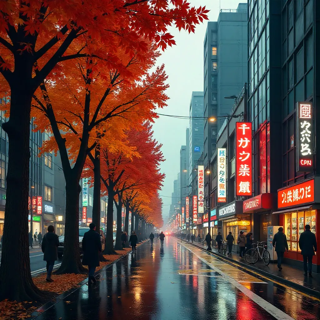 Autumn Trees Along Tokyo Streets Amid Skyscrapers