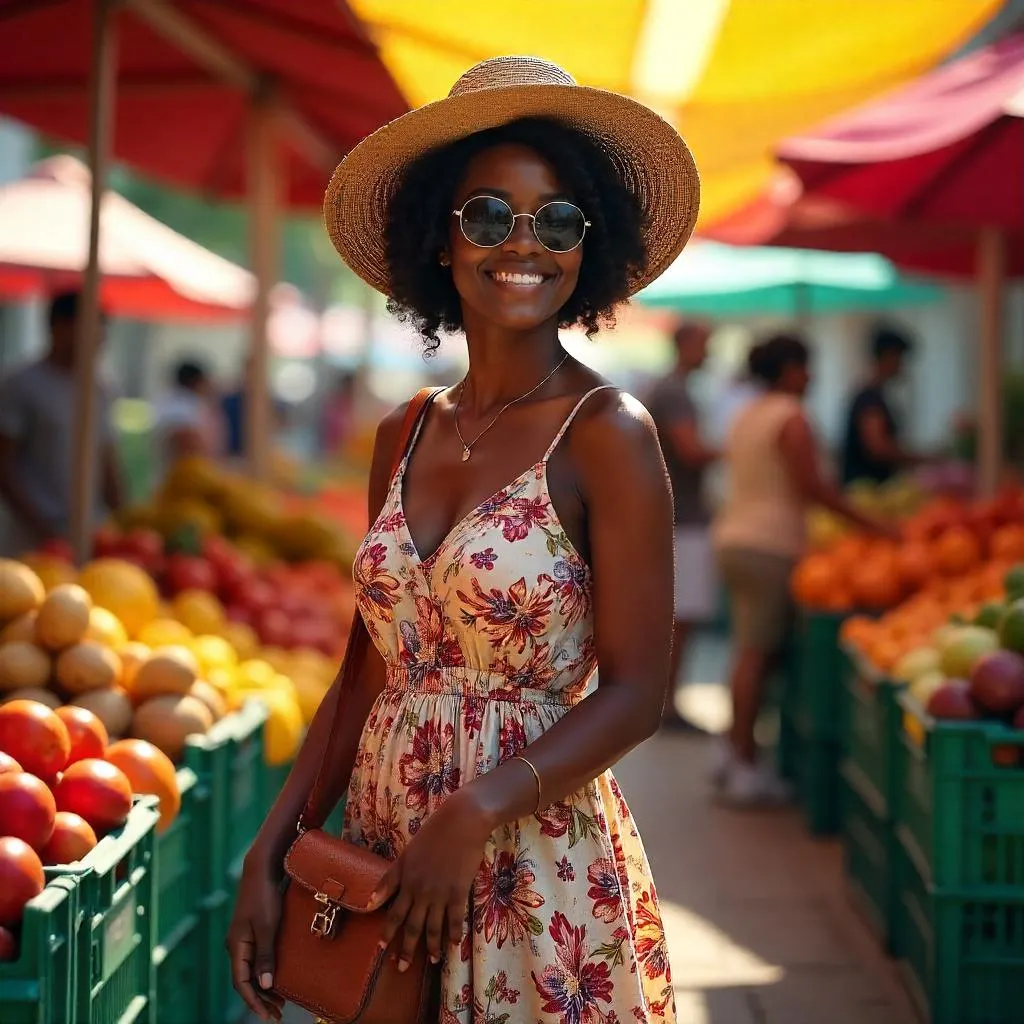 Stylish Black Woman at a Lively Farmers Market