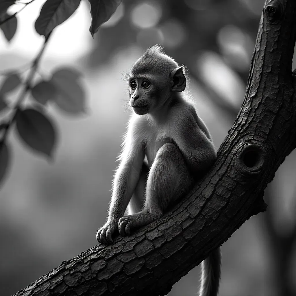 Thoughtful Young Monkey in Textured Monochrome