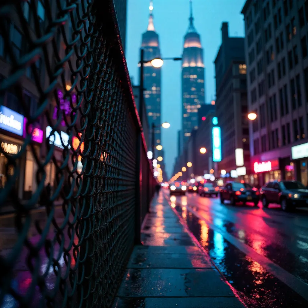 Dramatic City Street View: Skyscrapers Framed by Chain-Link Fence