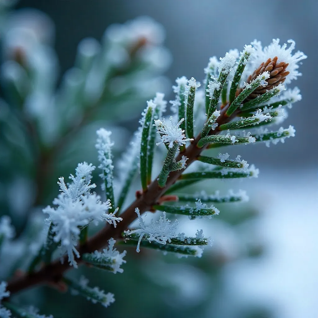 Macro Frost: Close-Up Pine Branches in Winter Chill