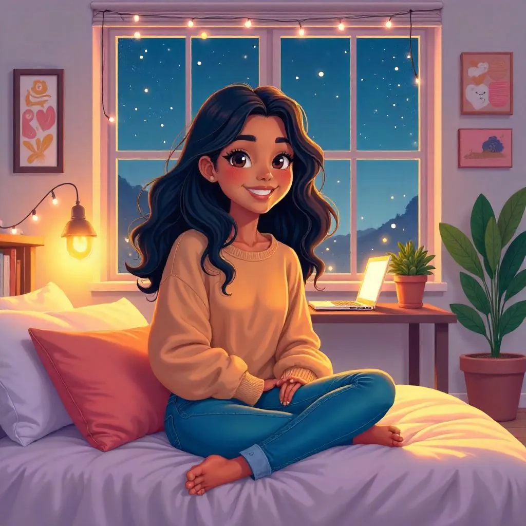 Cartoon Latina in a Cozy Bedroom