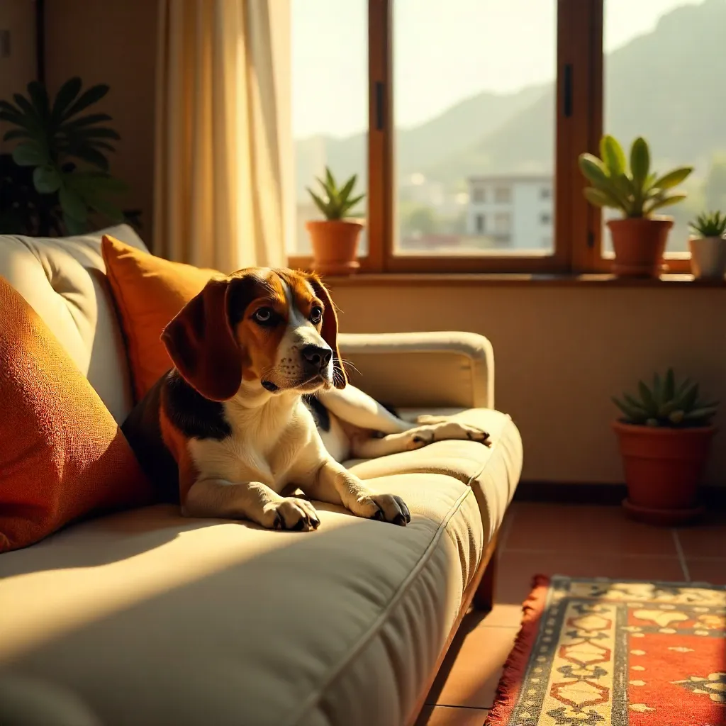 Golden Beagle Lounging on a Sunlit CDMX Couch