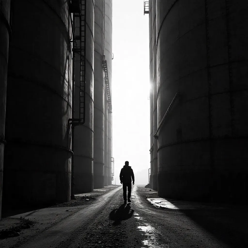 Silhouette Between Giant Industrial Tanks