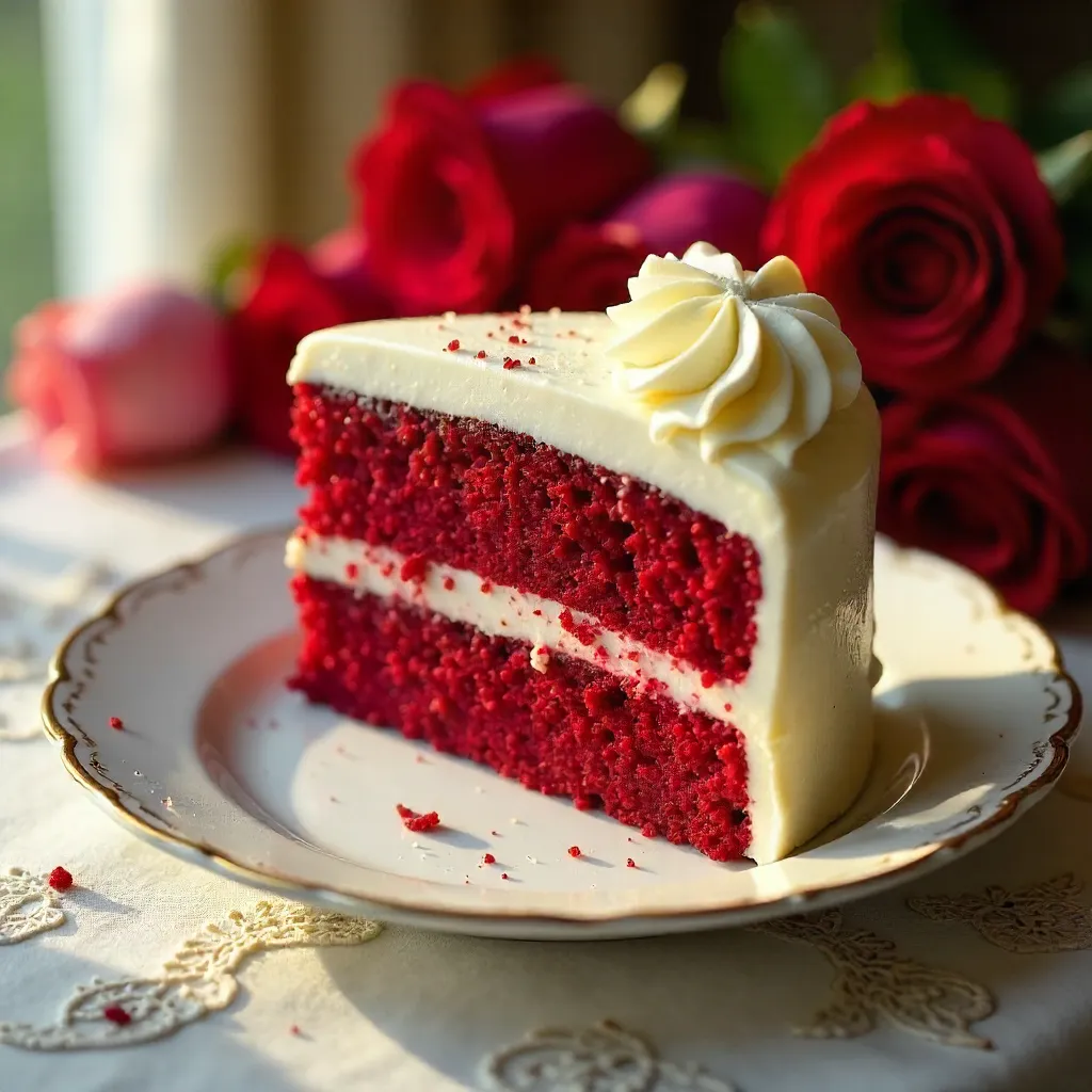 Velvet Cake Slice with Rose Bouquet on Lace Table