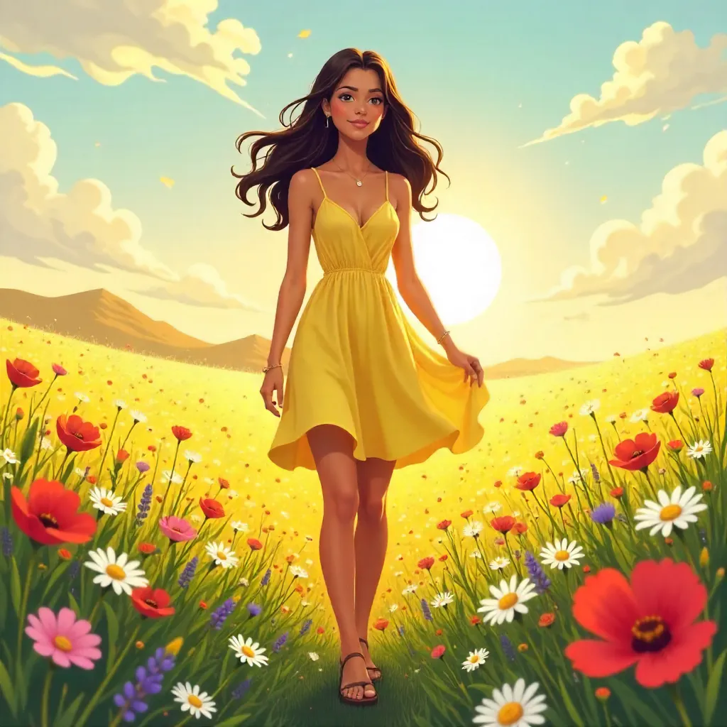 Confident Latina in an Anime Field of Flowers