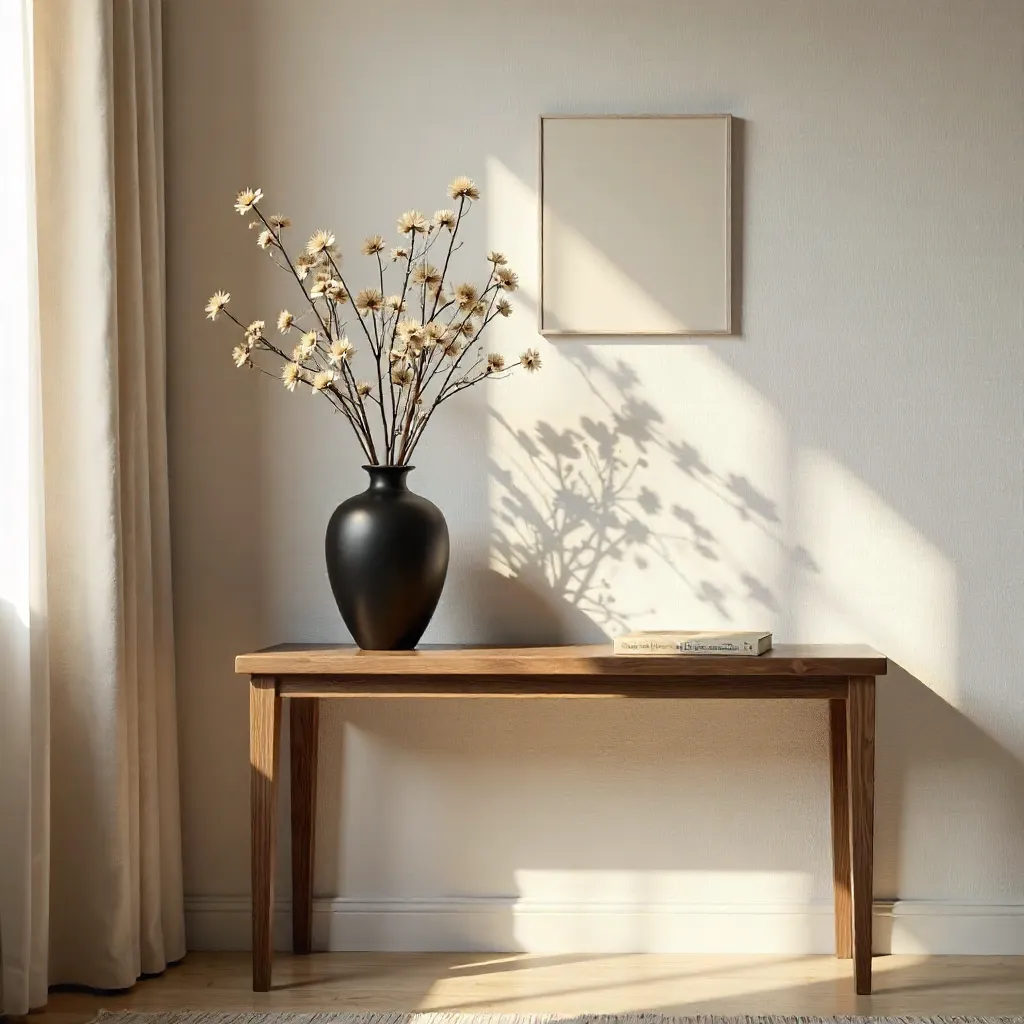 Cozy Minimalist Console with Black Vase and Dry Flowers