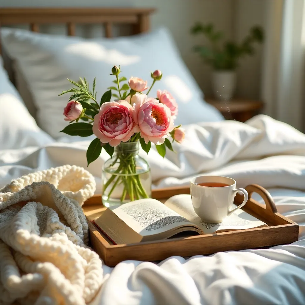 Morning Peace: Books, Flowers, and Tea on a Cozy Bed