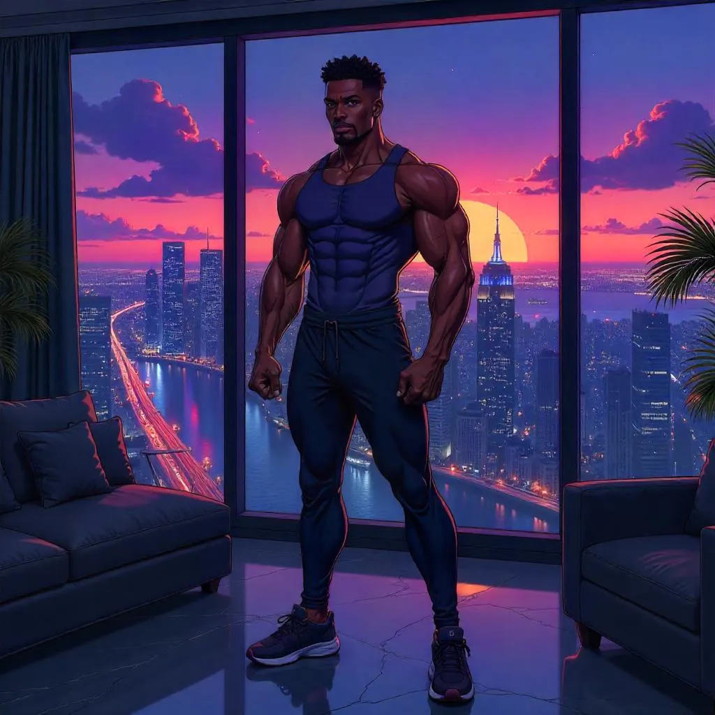 Athletic Black Man in an Anime Penthouse