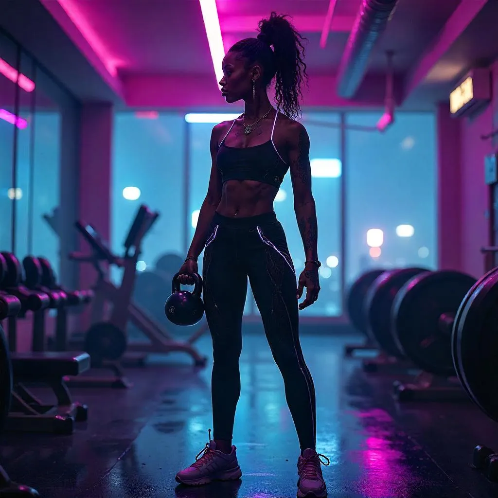 Confident Black Woman in Neon Cyberpunk Gym