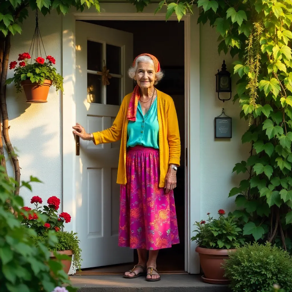 Vibrant Elderly Woman at Her Front Door