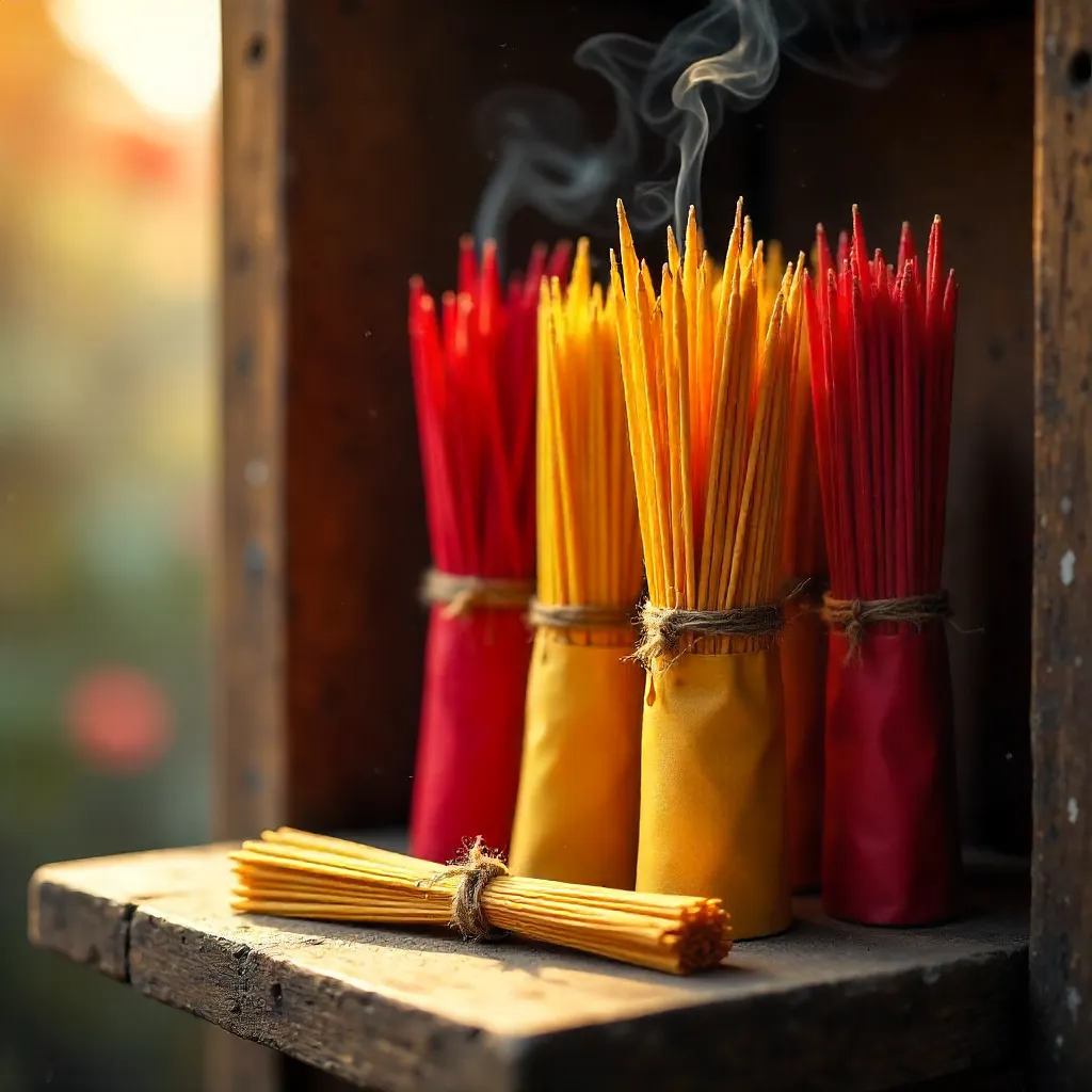 Vibrant Red and Yellow Incense Bundles on Rustic Shelf