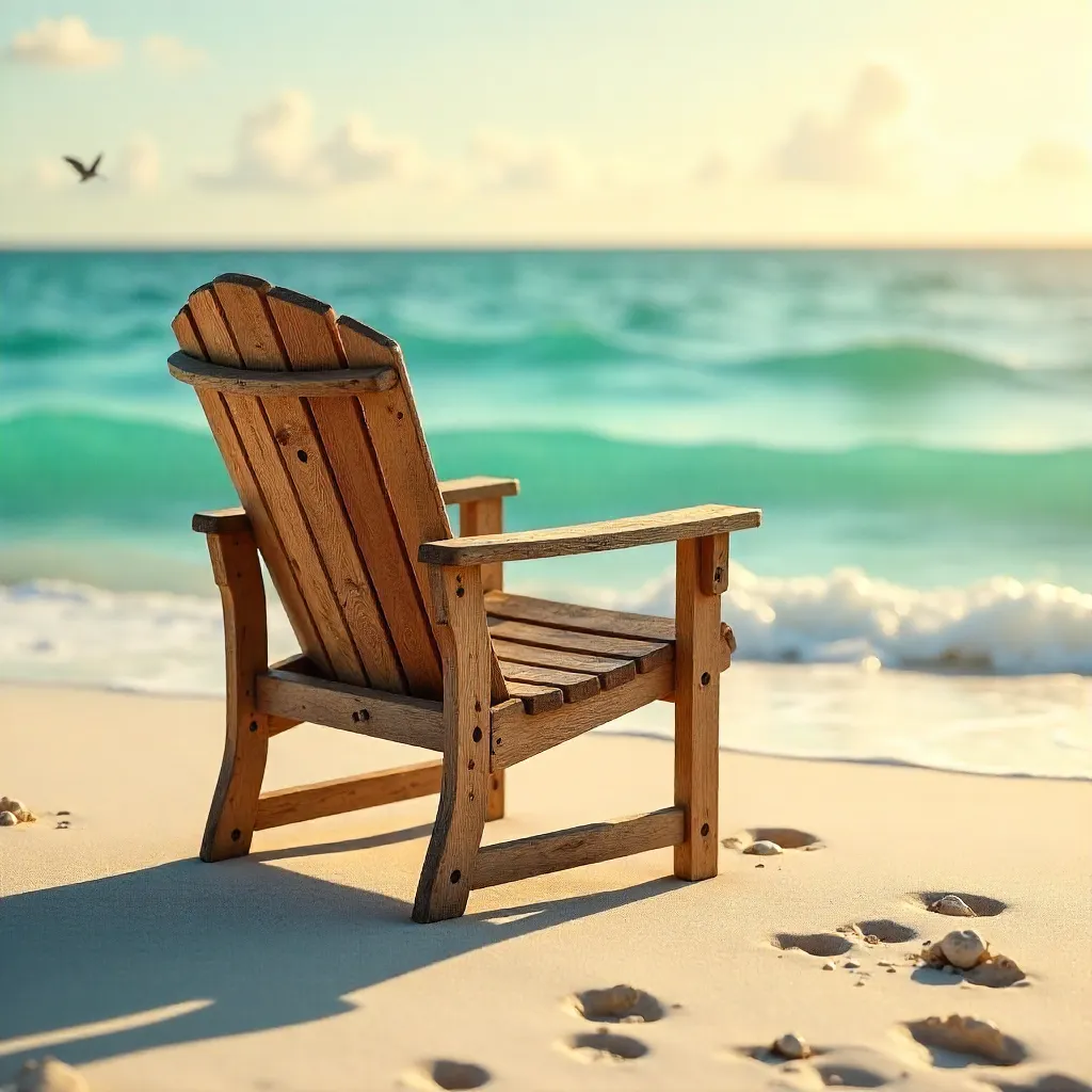 Solitary Wooden Chair on a Sunlit Beach