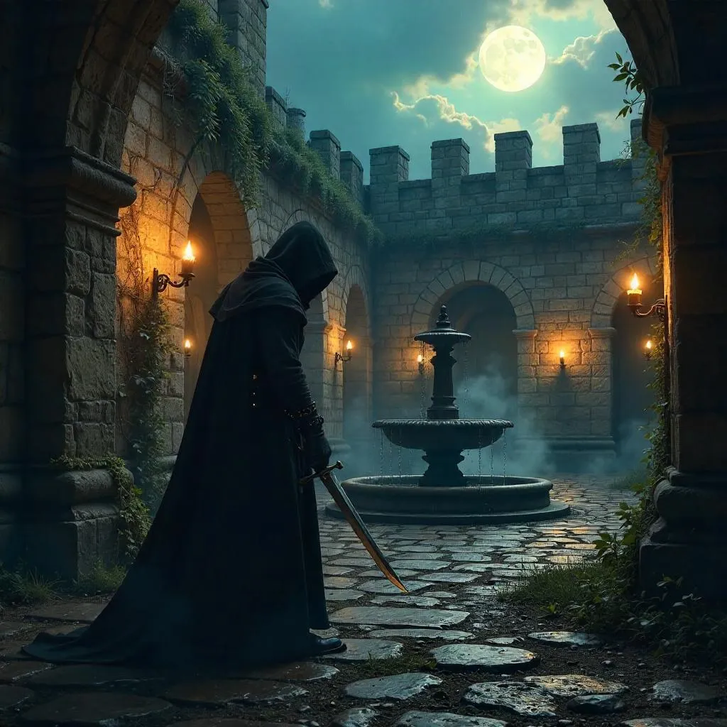 Photorealistic Assassin in a Moonlit Castle Courtyard